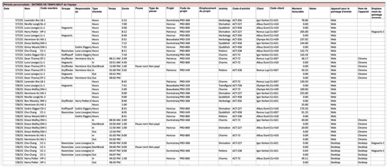Time entries list (or Raw time entries) for attendance report